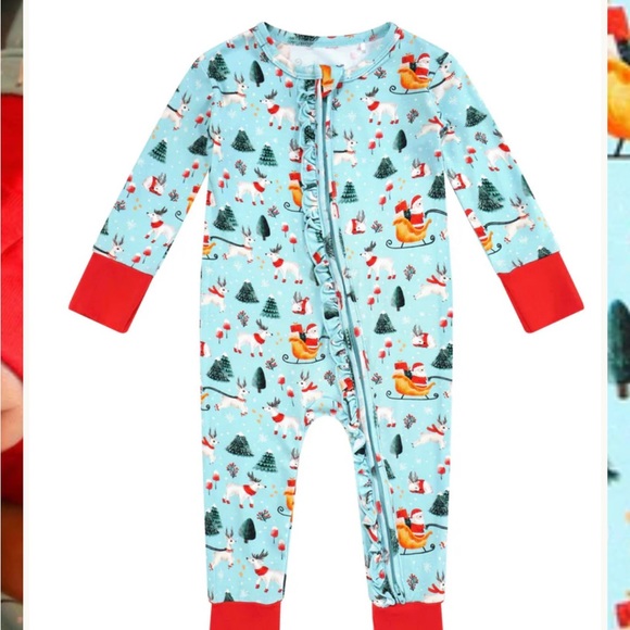 Twinflower bamboo pajamas blue and red Christmas ruffle onesie pajama - Picture 1 of 9